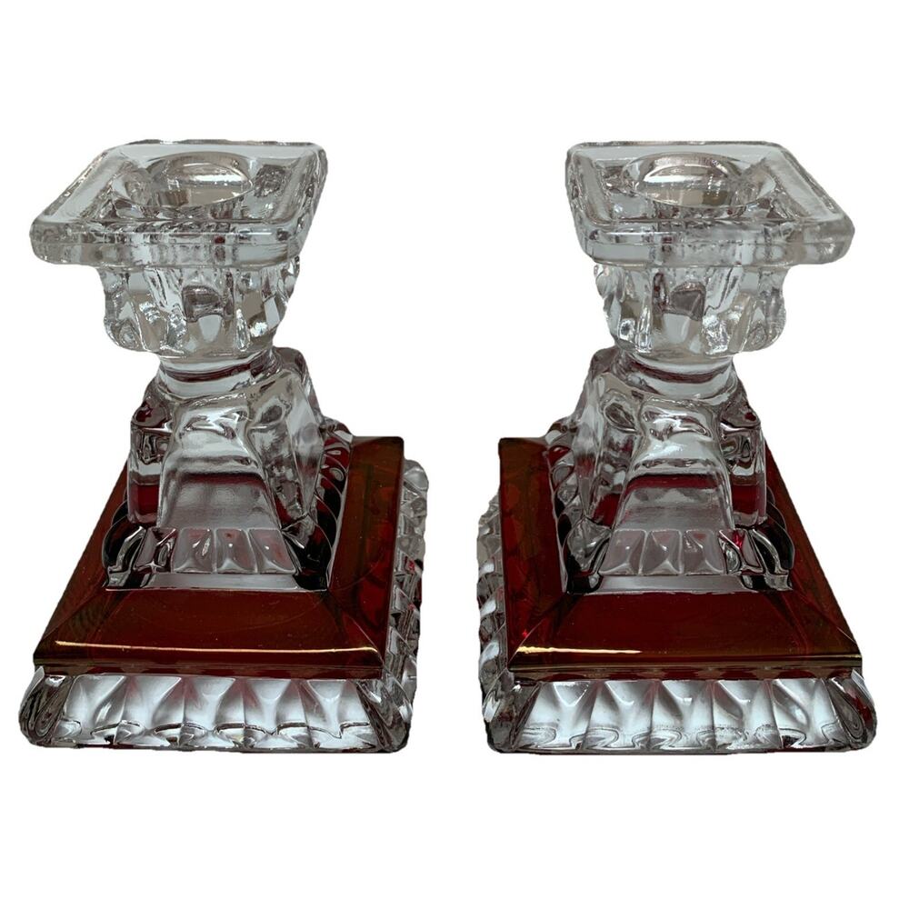 Pair Vintage Westmoreland Wedding Pattern Ruby Flash Crystal Candlesticks